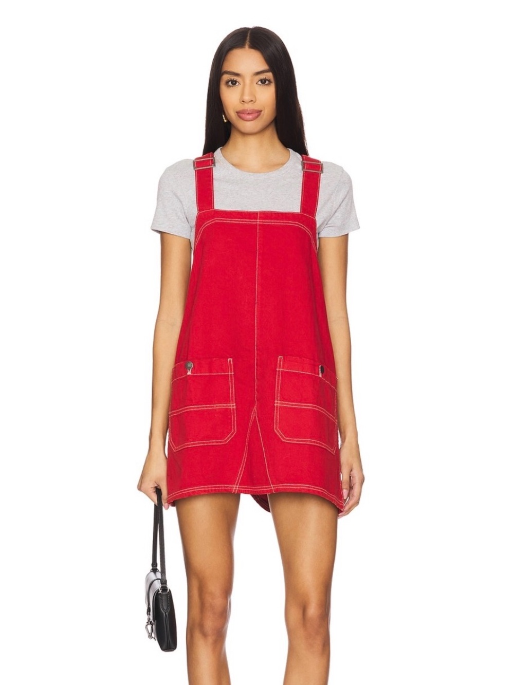 We The Free Red Pinafore Mini Dress with Patch Pockets